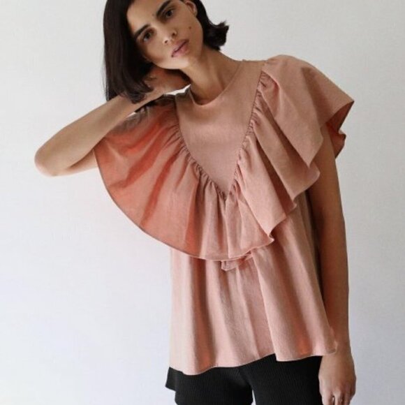 Zara Ruffle Yoke Cotton Blouse Cotton Peach - Picture 2 of 11